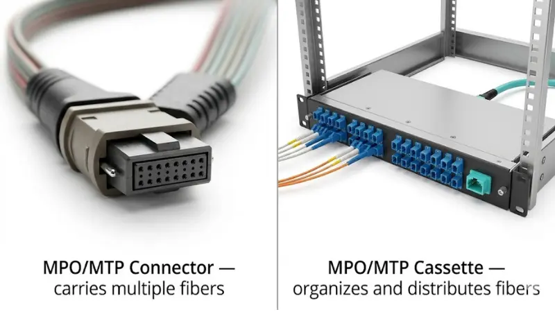 Comparison of an MPO/MTP connector and an MPO/MTP cassette module