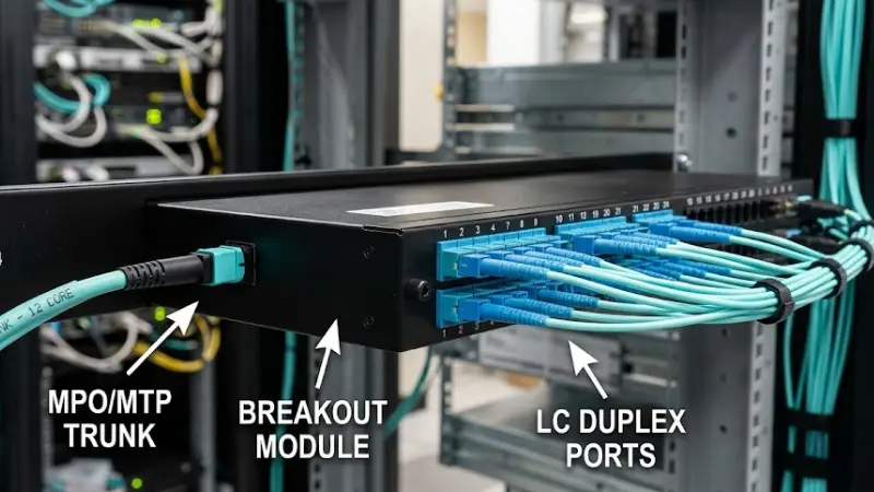 MPO breakout module converting an MPO trunk into LC duplex ports in a rack patch panel MPO breakout module converting an MPO trunk into LC duplex ports in a rack patch panel