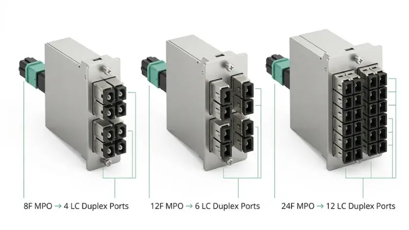Comparison of 8F 12F and 24F MPO breakout modules with LC duplex port counts Comparison of 8F 12F and 24F MPO breakout modules with LC duplex port counts
