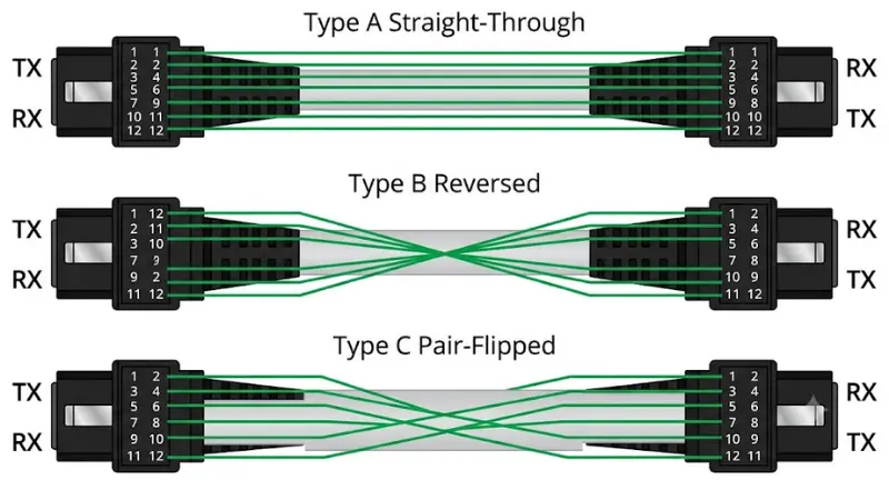 MPO polarity Type A Type B and Type C fiber mapping diagram