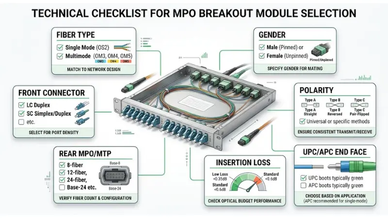 MPO breakout module selection checklist including fiber type connector gender polarity and insertion loss MPO breakout module selection checklist including fiber type connector gender polarity and insertion loss