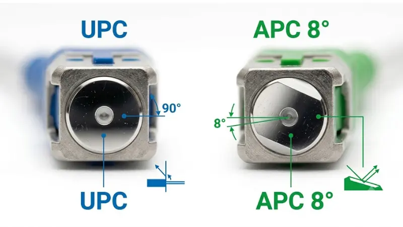 UPC and APC fiber connector end face comparison showing straight and angled polish UPC and APC fiber connector end face comparison showing straight and angled polish