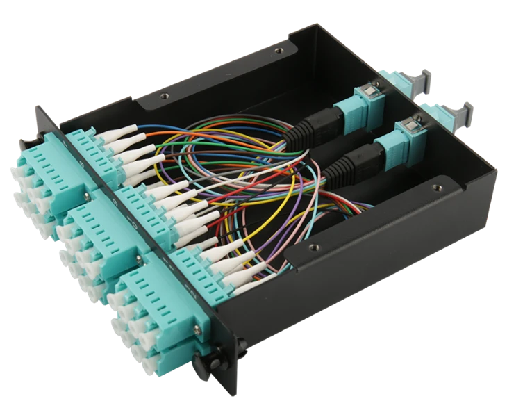 12 kasseta 12 tolali OM4 multimode MTP dan 12 LC dupleks Aqua